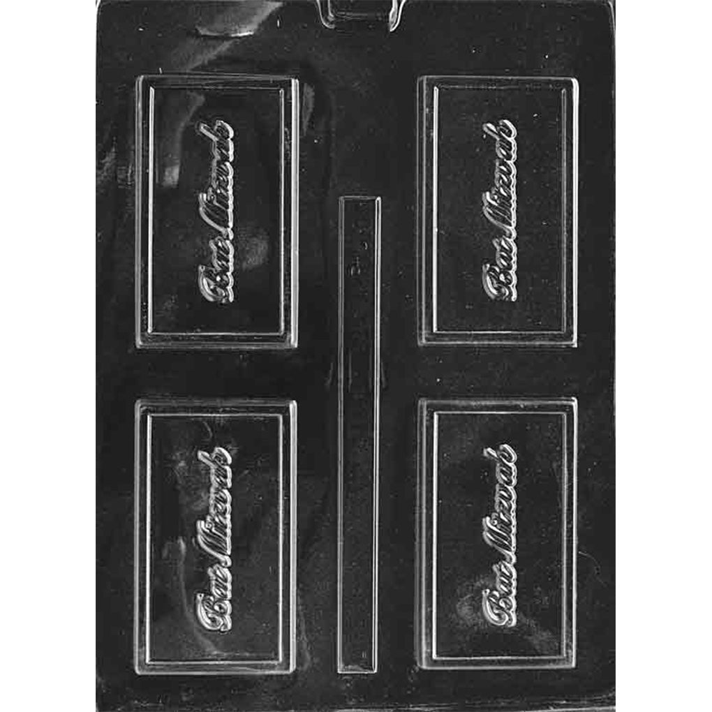 Clear plastic chocolate bar mold with four rectangular cavities, each embossed with raised “Bat Mitzvah” lettering, shown on a dark background.