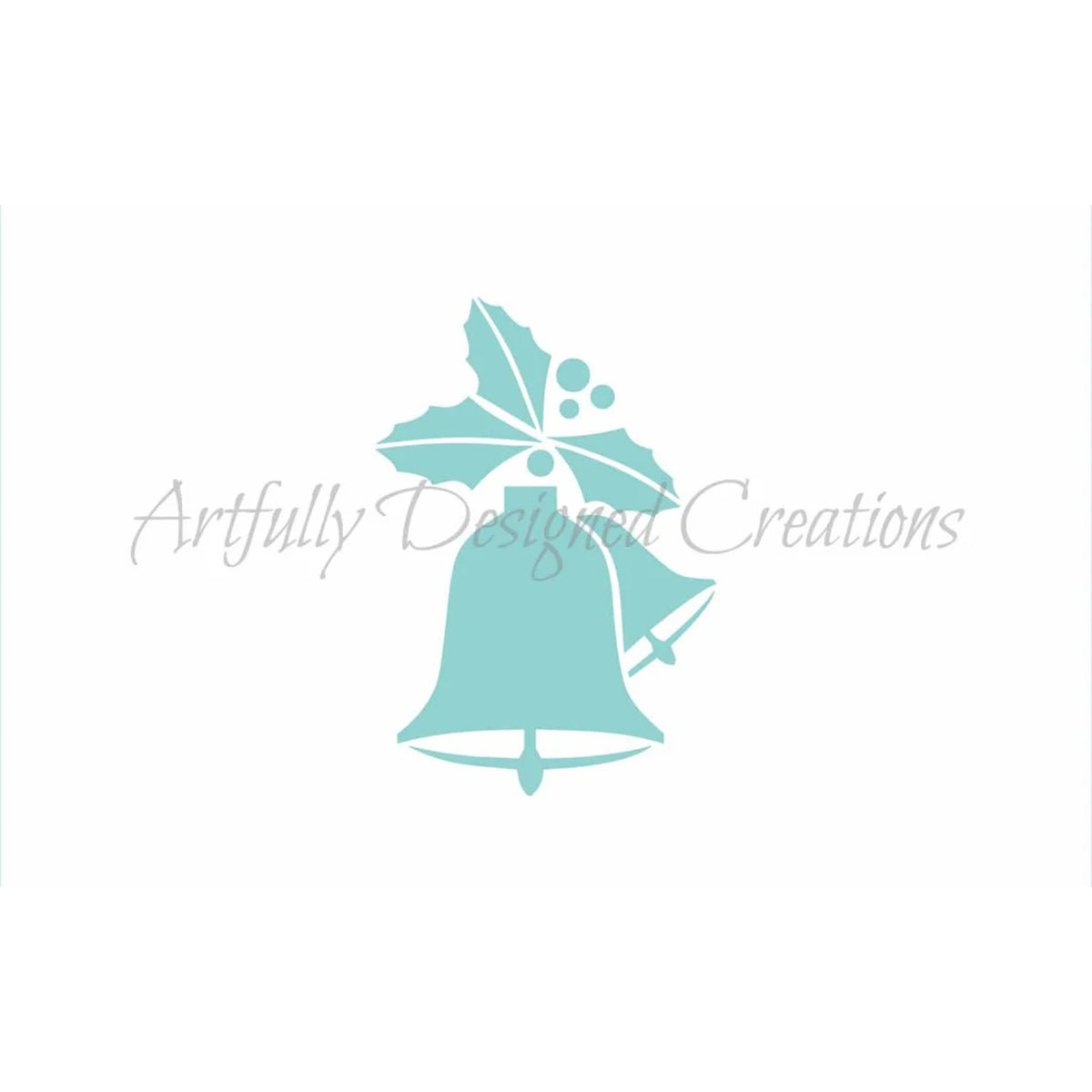 Christmas bells and holly cookie stencil showing teal open shapes of a bell with holly leaves and three berries on a white background.