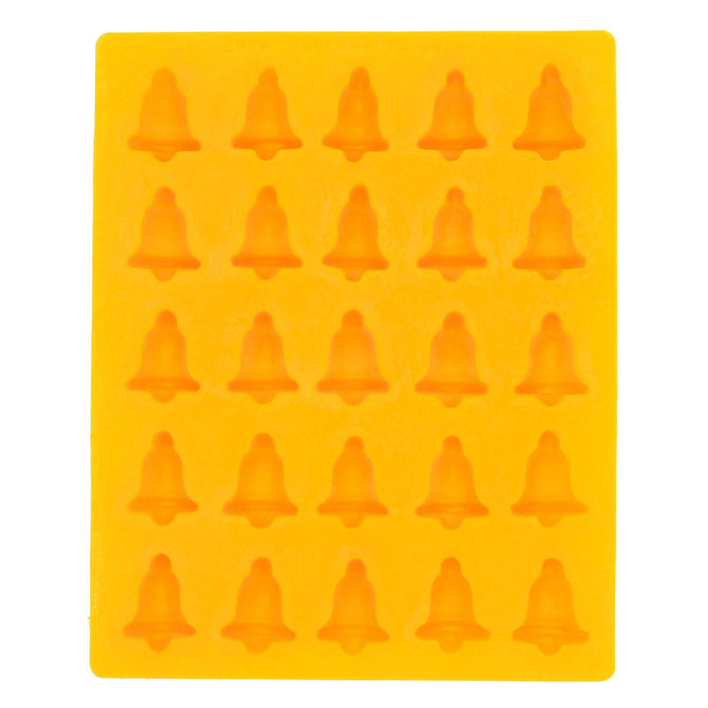 Full sheet of yellow rubber Bell Shaped Cream Cheese Mint Mold with 24 cavities, perfect for making wedding or holiday-themed candy and fondant treats.