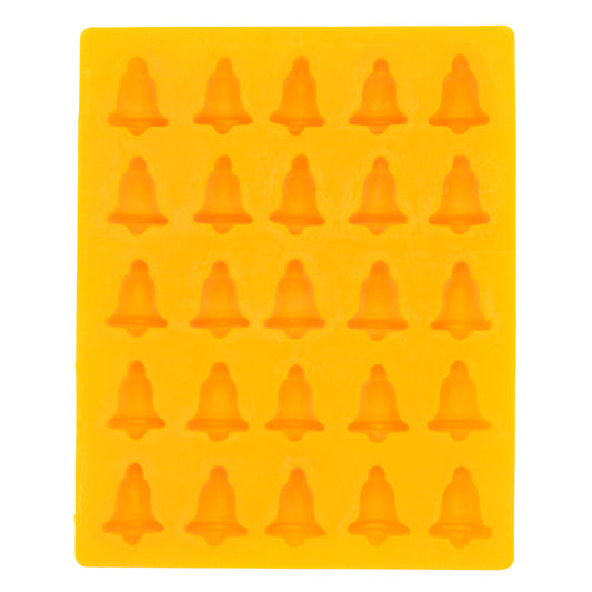 Full sheet of yellow rubber Bell Shaped Cream Cheese Mint Mold with 24 cavities, perfect for making wedding or holiday-themed candy and fondant treats.
