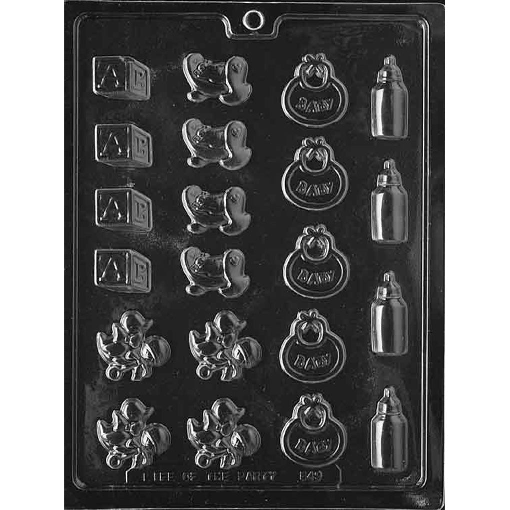 Clear plastic chocolate mold with tiny baby-themed cavities including alphabet blocks, pacifiers, baby bottle shapes, and “baby” plaques.