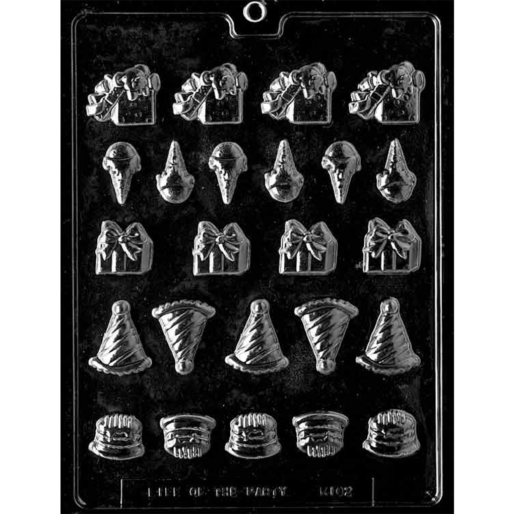Clear chocolate mold with 24 small birthday-themed cavities, including wrapped presents with bows, party hats, little cakes, and assorted party shapes arranged in rows.