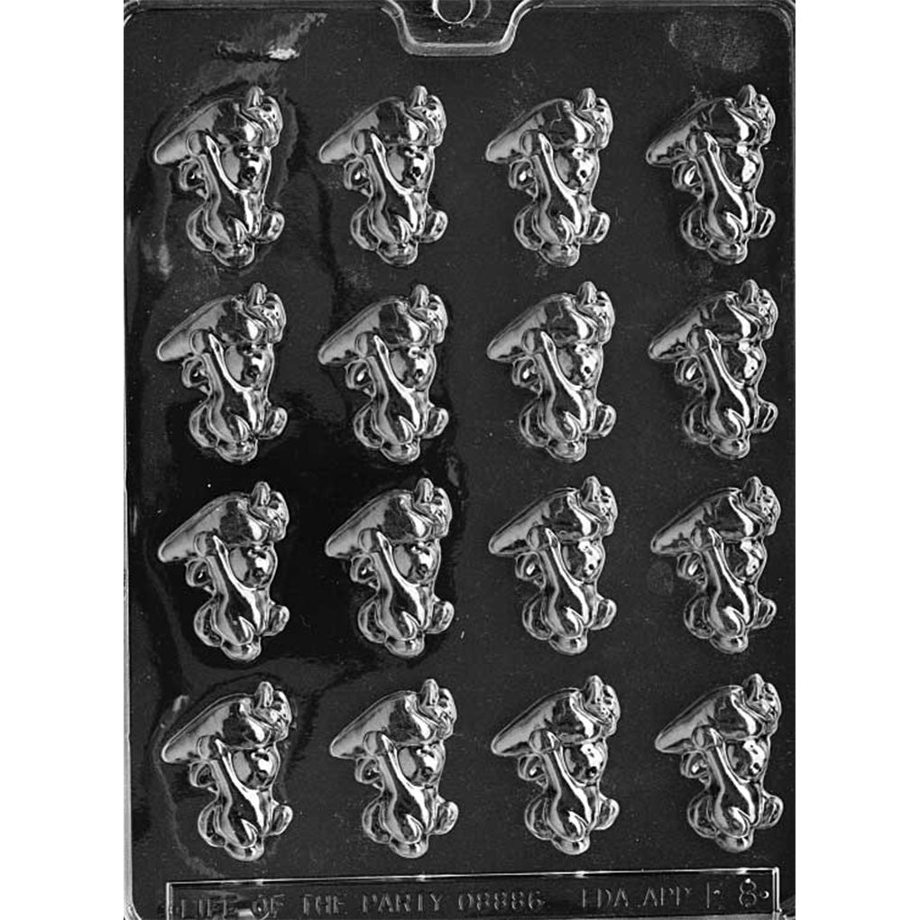 Clear plastic chocolate mold shown on a black background with a 4-by-4 grid of bunny cavities; each bunny holds a large carrot overhead with defined ears and carrot shape.