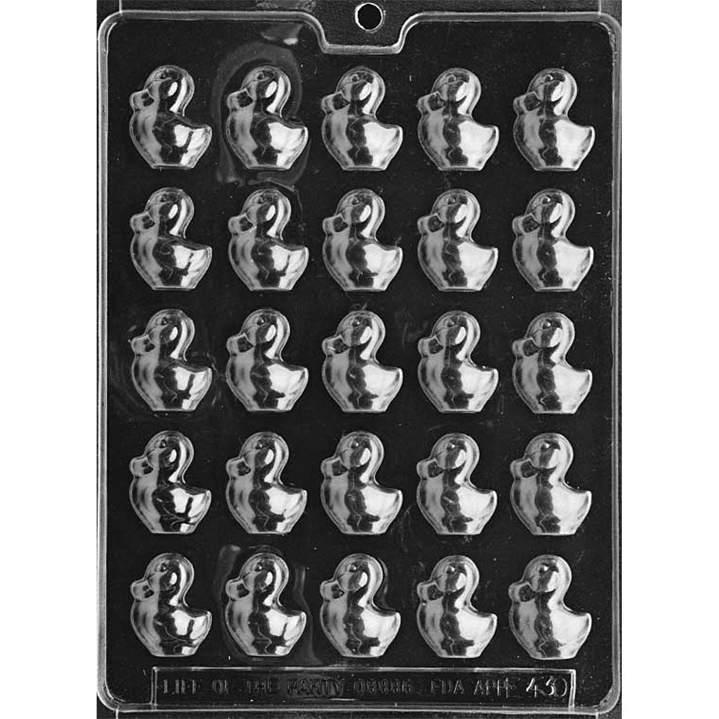 Twenty-five-cavity bite-sized ducklings chocolate mold with 1 1/8 x 1 1/2 x 1/4-inch duck shapes and raised wing details