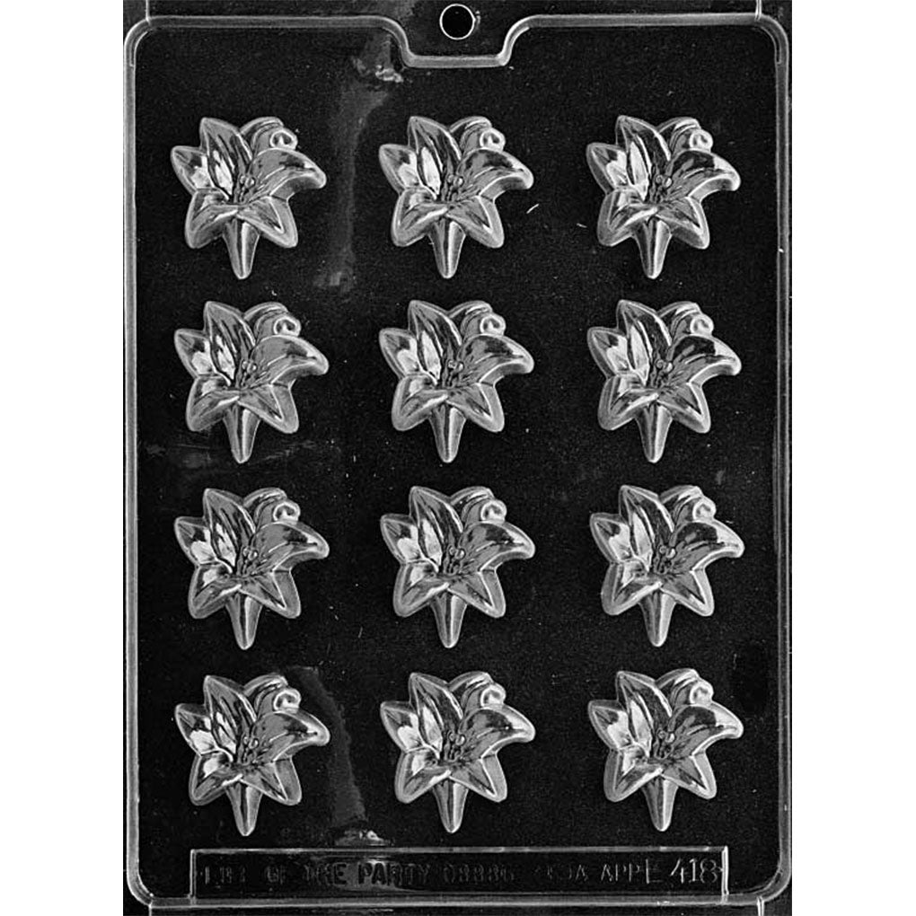 Twelve-cavity bite-size lily chocolate mold with open blooms, layered pointed petals, and raised flower centers; each lily measures approximately 1 7/8 inches.