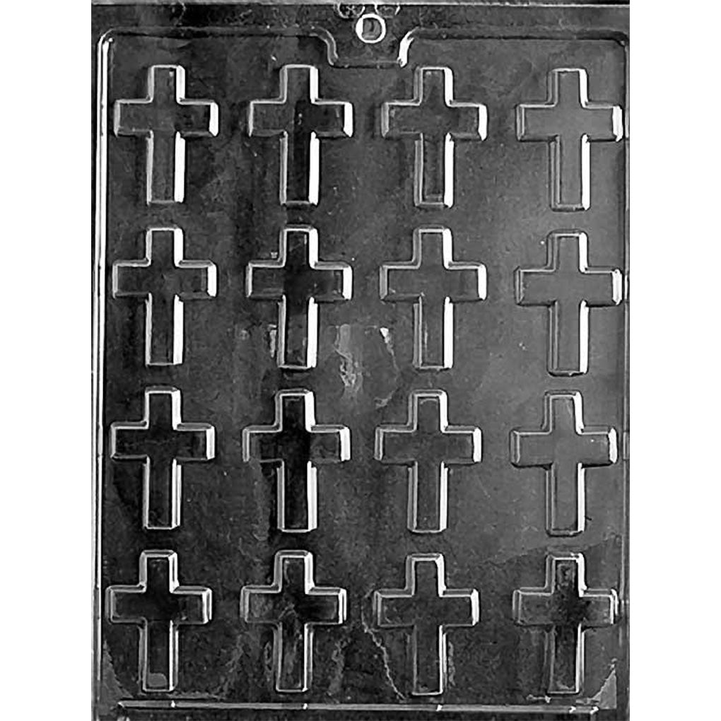 Clear Bite Size Smooth Crosses Chocolate Mold photographed against a black background with 16 small smooth cross-shaped cavities arranged in four rows.