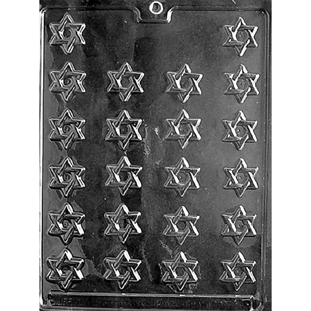 22-cavity bite-sized Star of David chocolate mold with small six-pointed star shapes arranged across a rectangular plastic mold.