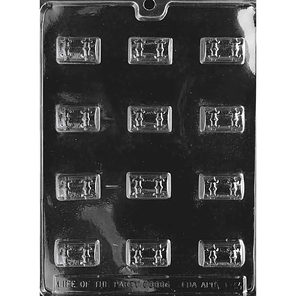 Clear plastic chocolate mold with twelve small rectangular treasure chest cavities arranged in a 3x4 grid, each with raised lid and hinge details on a dark background.