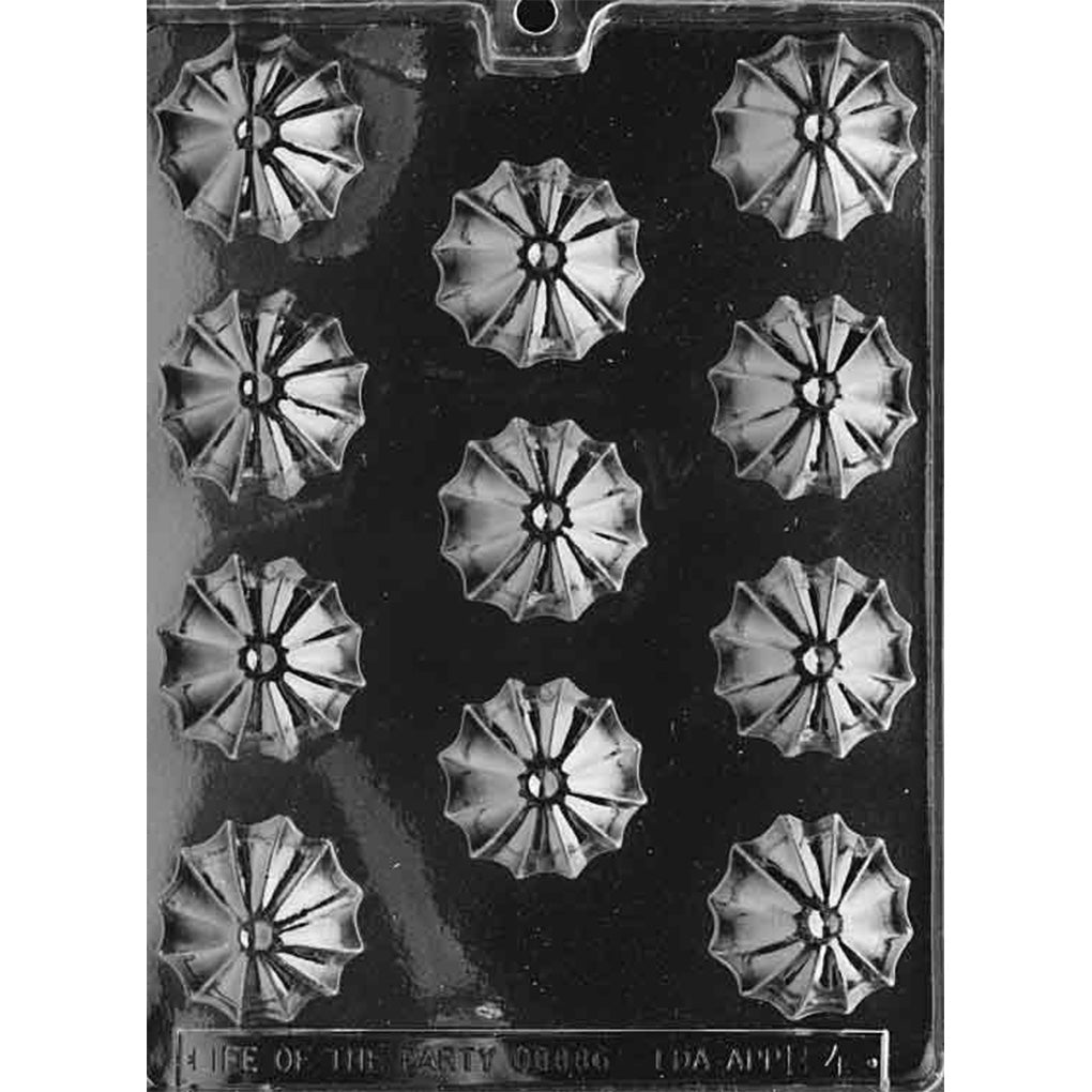 Clear plastic chocolate mold with multiple small umbrella-top cavities featuring ribbed canopy details, photographed on a dark background.