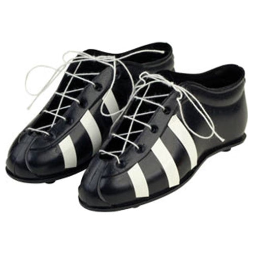 Pair of black plastic sports cleat cake toppers with white side stripes and white laces, shown side by side on a white background.