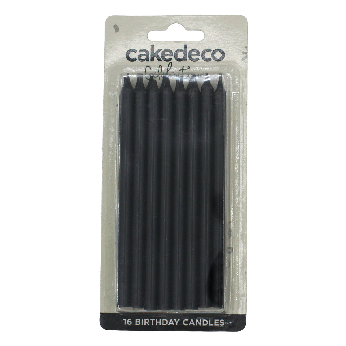 Package of 16 long black birthday candles with white wicks, each measuring 5 inches