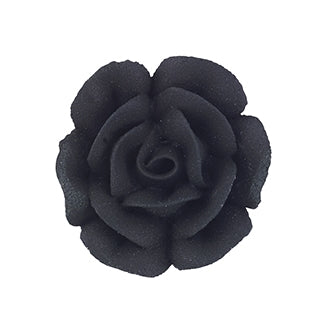 Black royal icing rose, medium-sized floral cake topper with detailed petal design