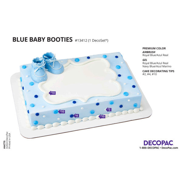 DecoSet packaging image for Blue Baby Booties Cake Decorating Kit with decorating suggestions and color recommendations