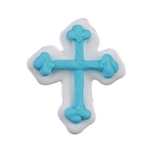 Royal icing cross decoration with white base and light blue piped detailing, designed for religious-themed cakes and cupcakes.
