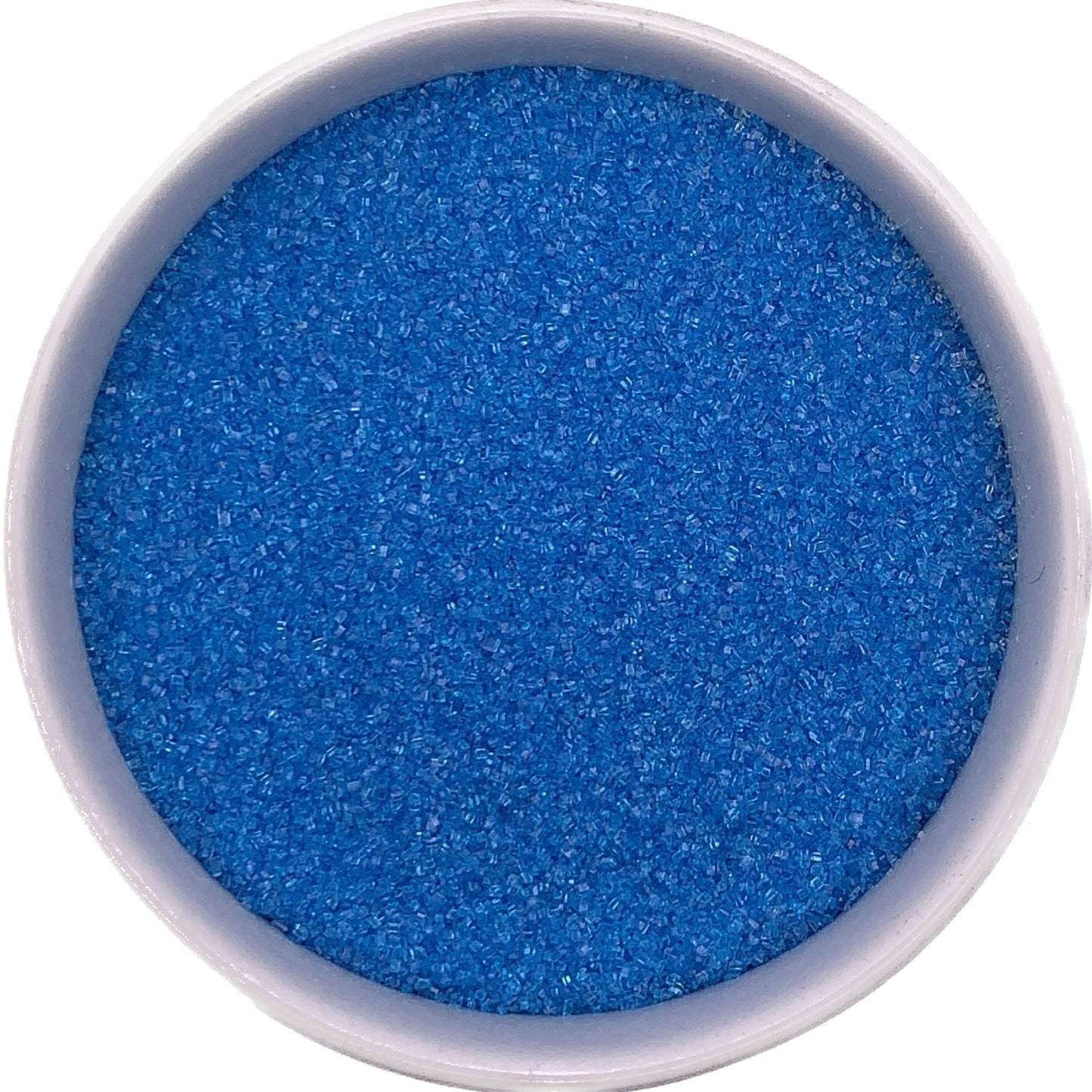 Bright blue fine sanding sugar in a clear plastic container, showcasing vibrant crystals with smooth texture.