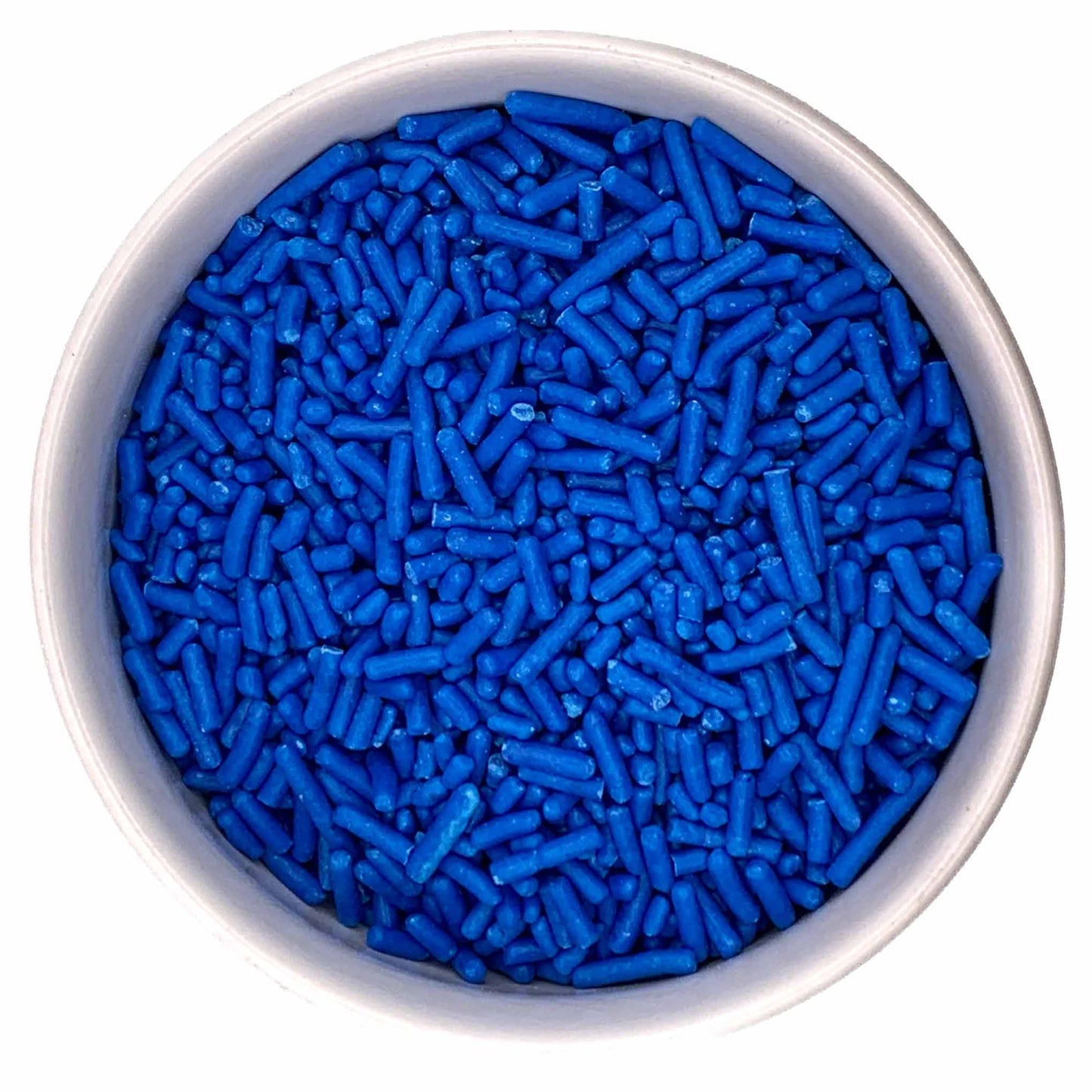 White bowl filled with bright blue jimmies sprinkles, showing small cylindrical pieces with a smooth matte finish on a white background.
