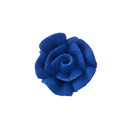 Blue mini royal icing rose with layered petals, 1/2 inch in diameter