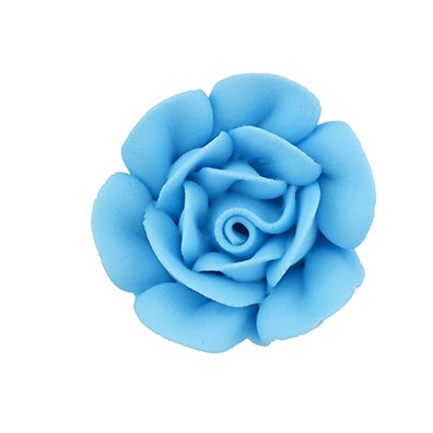 blue royal icing rose with layered petals, 1.75 inches in diameter