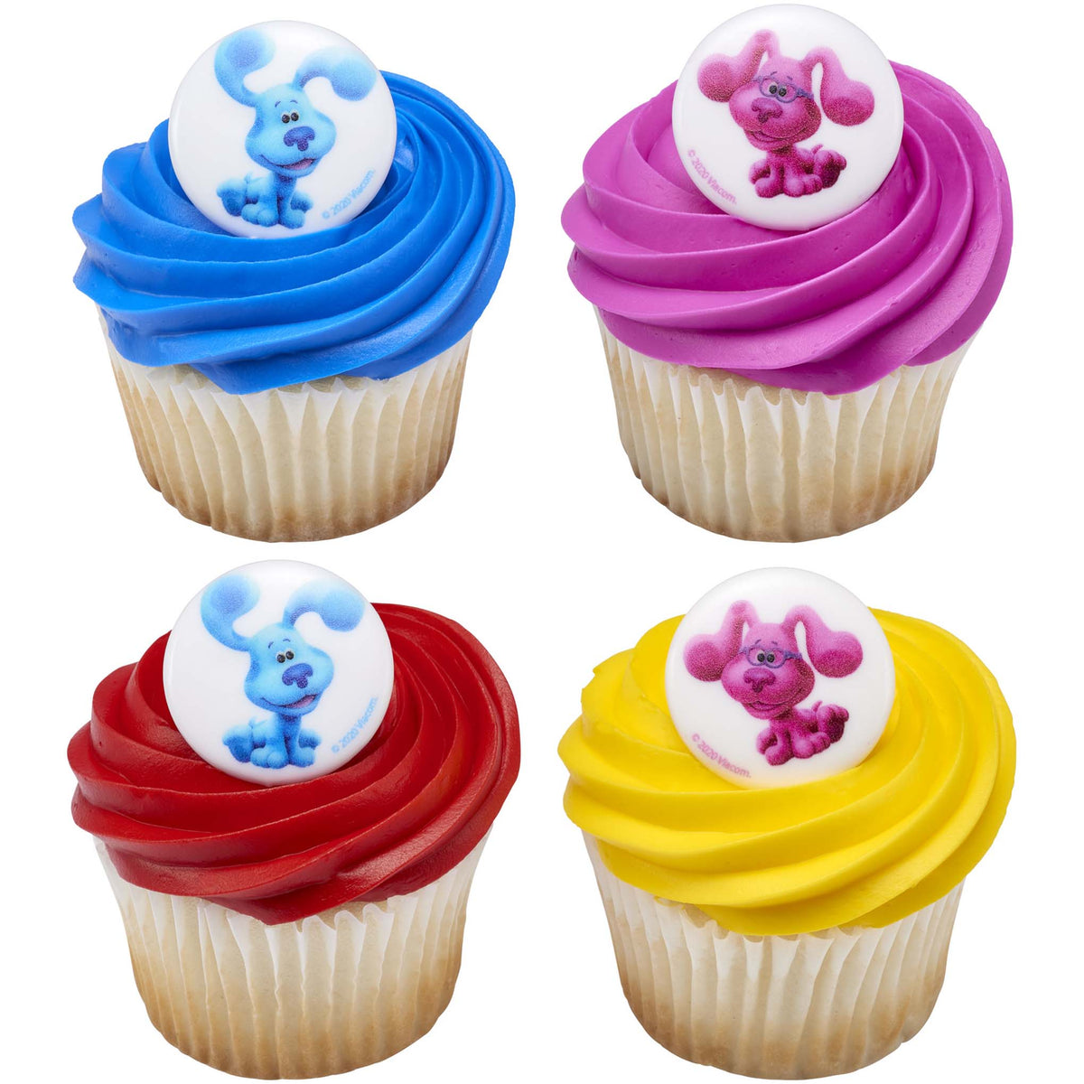 Four cupcakes with blue, pink, red, and yellow frosting topped with round Blue’s Clues & You! rings featuring Blue and Magenta