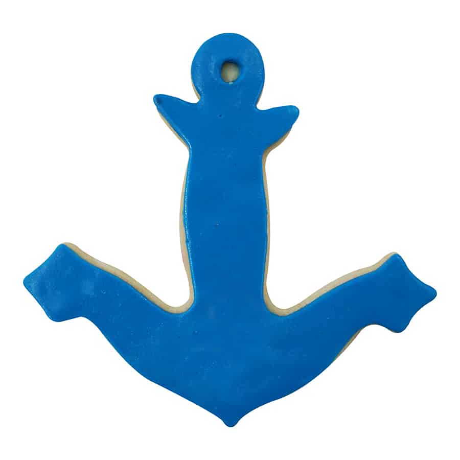 Anchor-shaped sugar cookie decorated with smooth blue icing.