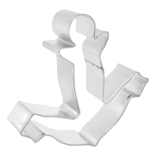 Angled view of an anchor-shaped cookie cutter made of metal.