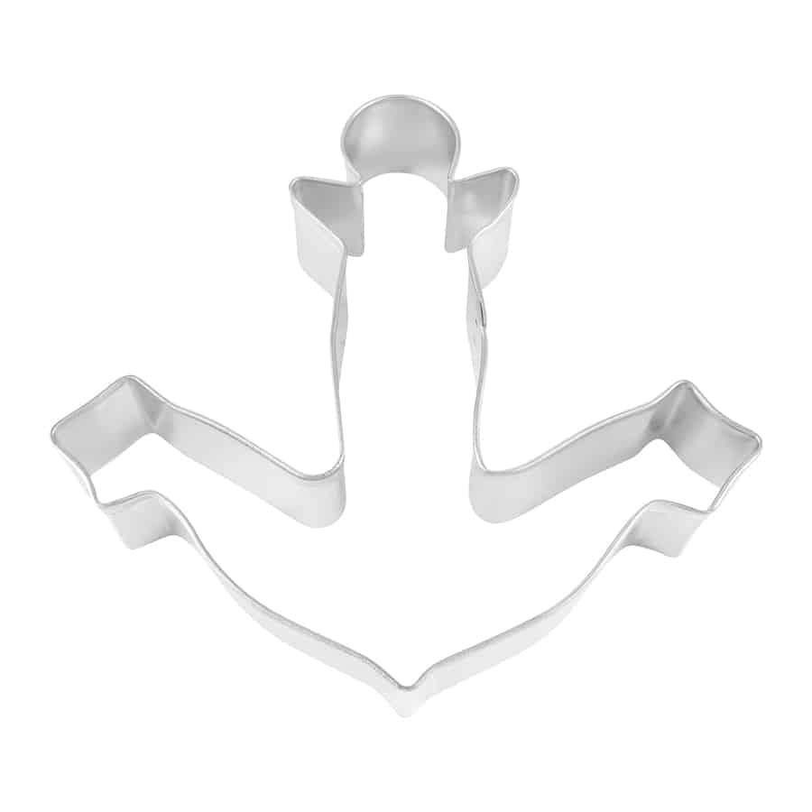 Metal anchor cookie cutter shown from a top-down view.