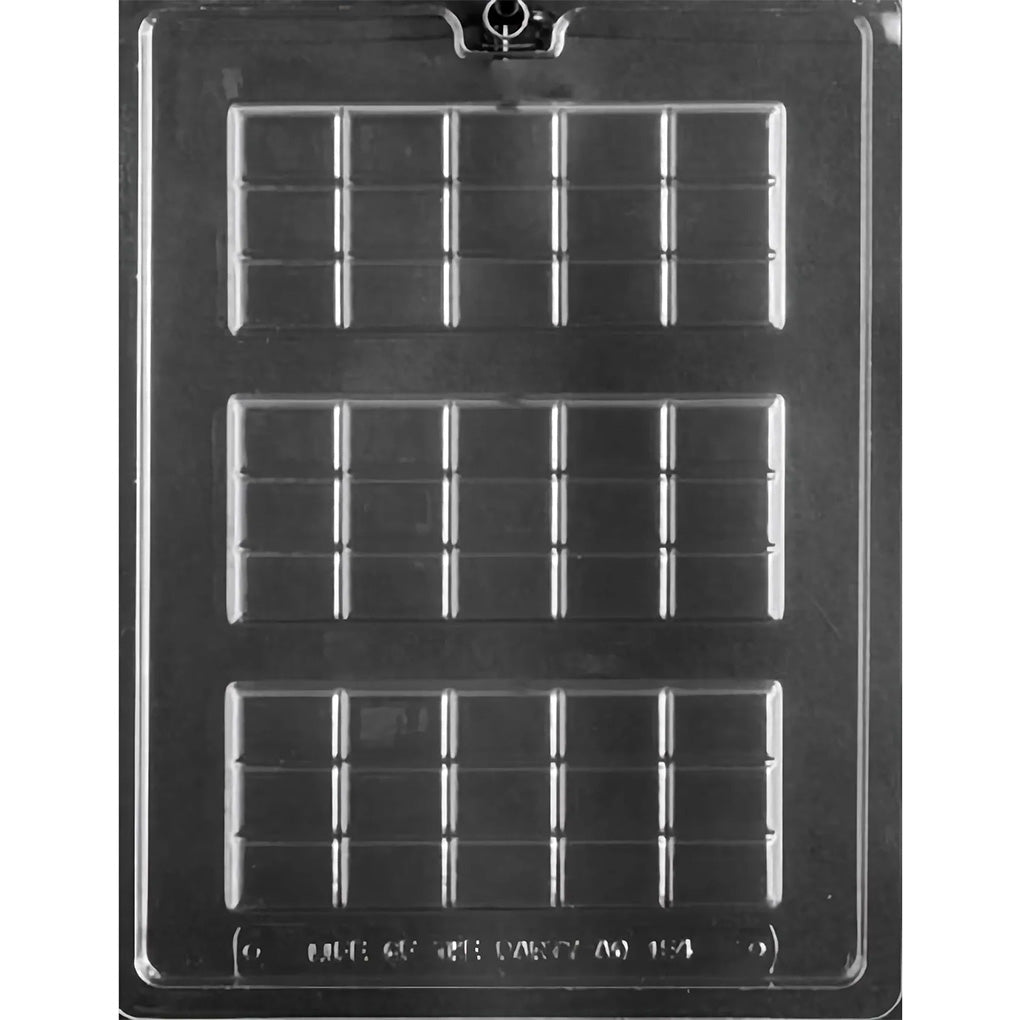 Clear plastic chocolate mold with three slim rectangular bar cavities, each scored into a 15-piece grid for making break apart chocolate tablets.