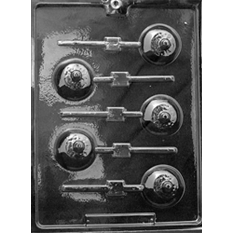 Clear plastic chocolate lollipop mold photographed against a dark background, featuring five round breast-shaped cavities with raised nipple details and individual lollipop stick channels.