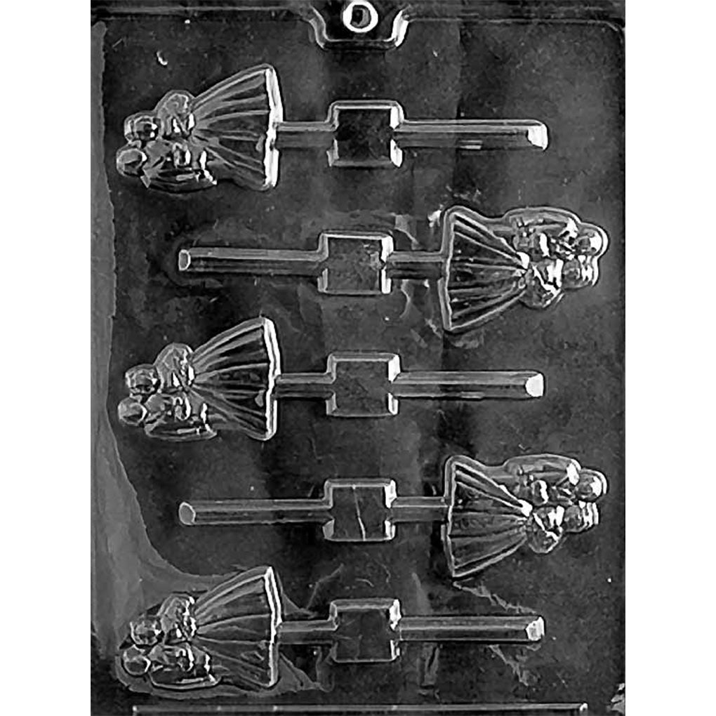 Clear Bride & Groom Chocolate Lollipop Mold photographed against a black background with five wedding couple cavities in formal attire and built-in stick channels.