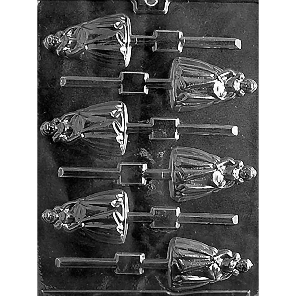 Clear plastic bridesmaid chocolate lollipop mold photographed on a dark background, showing cavities shaped like a bridesmaid in a full dress holding a bouquet with built-in stick channels.