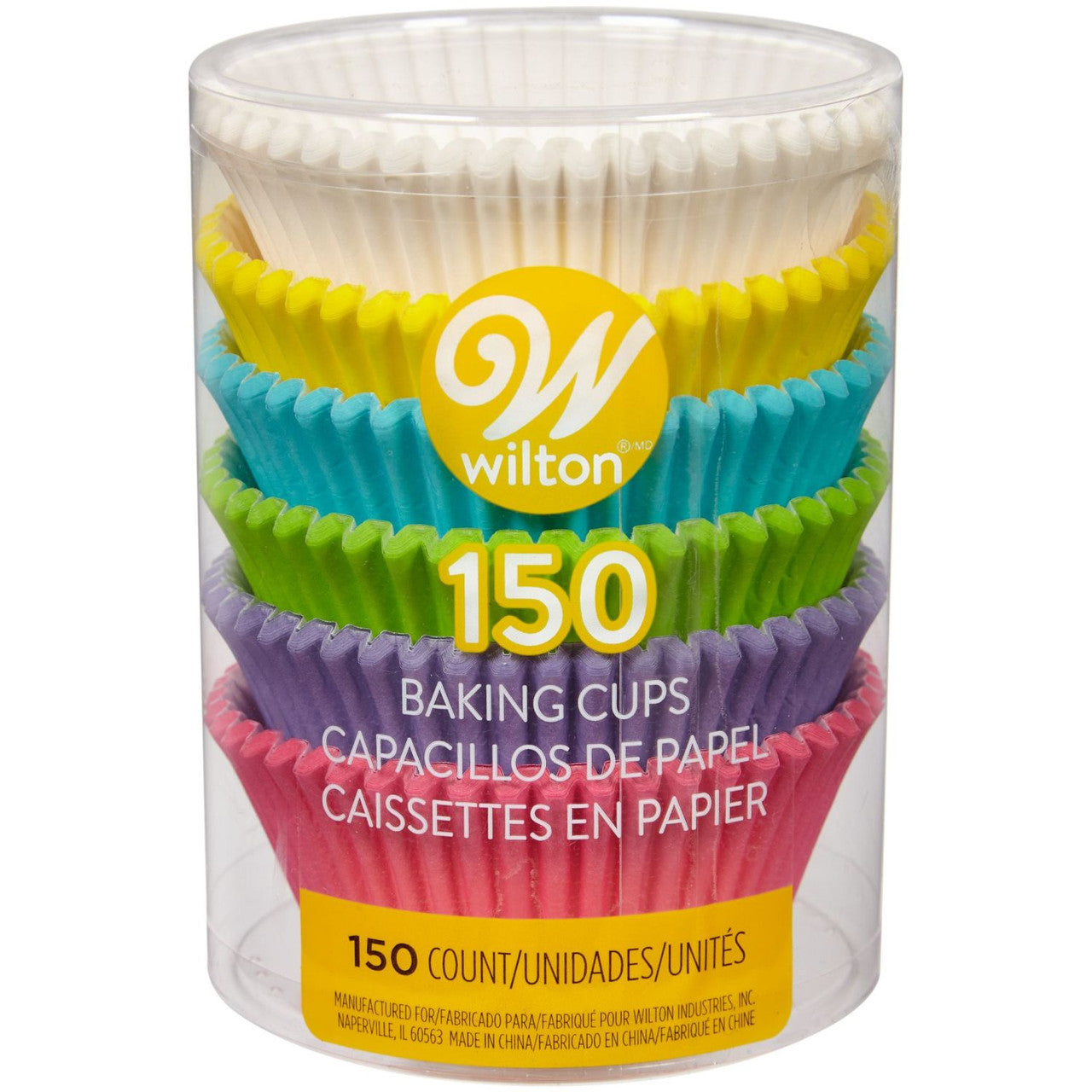 Package of Wilton baking cups, 150-count with pastel rainbow colors visible through clear container.