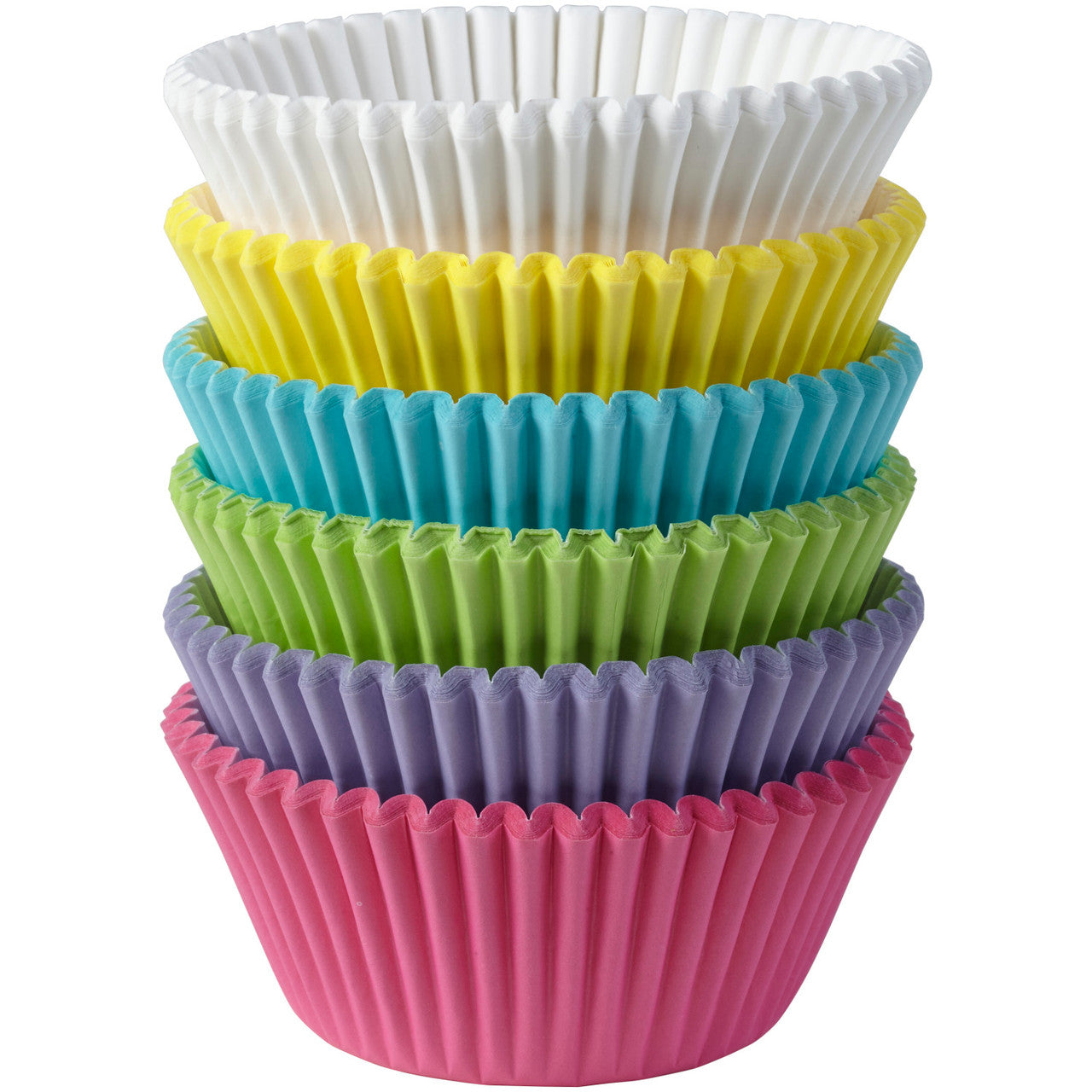 Close-up of pastel baking cups stacked vertically by color.