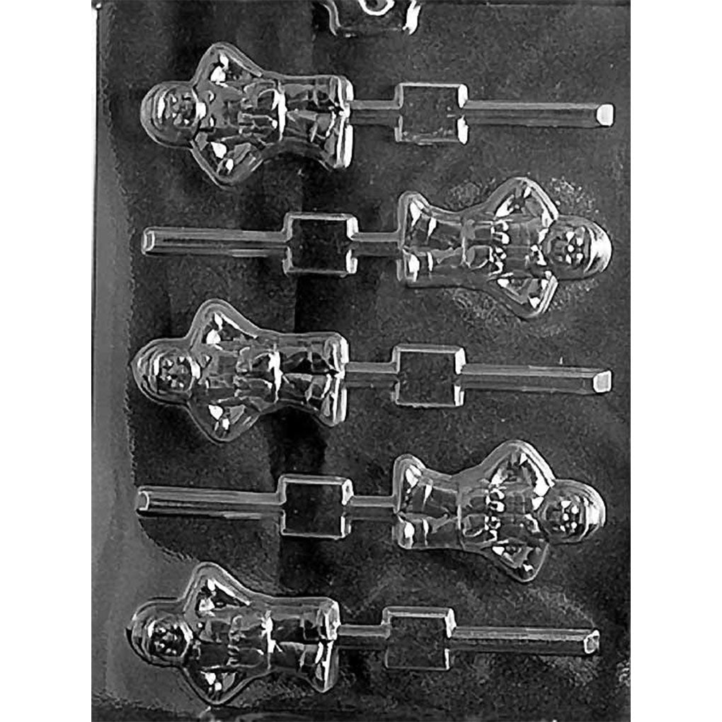 Five-cavity builder man chocolate lollipop mold with hard hat, work clothes, boots, and stick channels, each measuring 2 1/2 x 1 3/4 inches