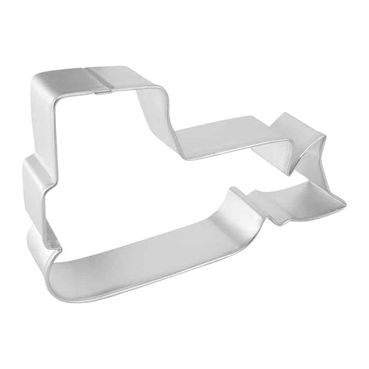 Angled side view of a bulldozer cookie cutter showing its depth and structure.