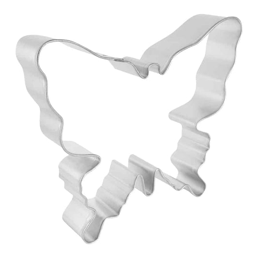 Side view of a butterfly cookie cutter with delicate curves and ridged wing edges.