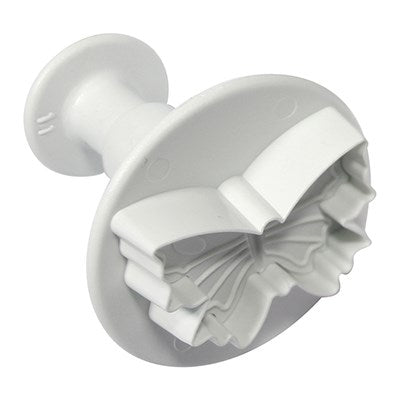 Angled view of butterfly plunger cutter showing handle and embossed shape for cutting and stamping.