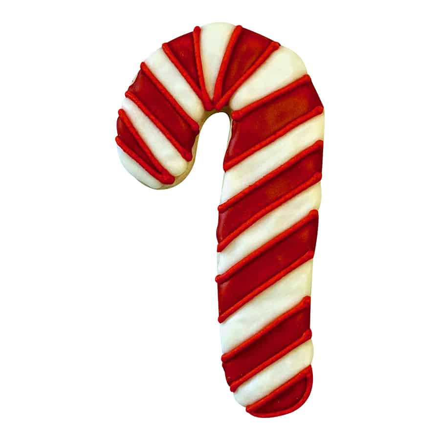 Decorated candy cane cookie with red and white icing in a striped pattern.