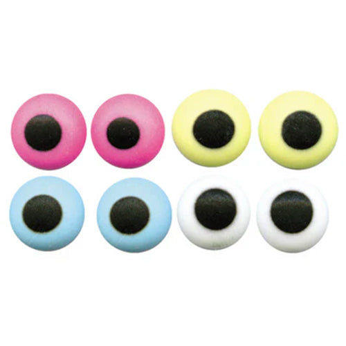 Assorted edible candy eyes with black pupils, shown in pink, yellow, blue, and white rings arranged in rows on a white background.