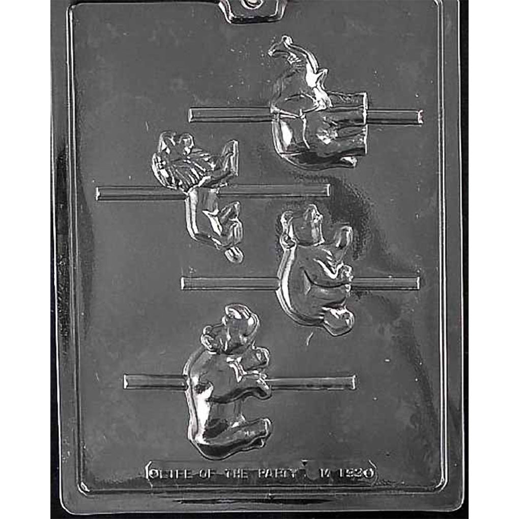 Clear Carousel Wild Animals Chocolate Mold with four animal cavities including a lion, rhino, bear, and elephant, each designed with a channel for a lollipop stick.