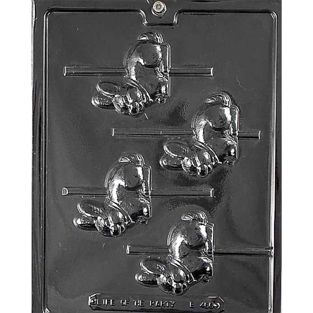 Clear plastic Carousel Rabbits Chocolate Mold with four matching rabbit cavities featuring carousel poles and raised decorative details