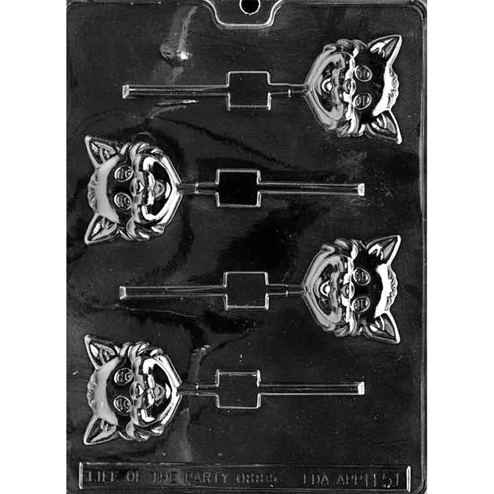 Clear plastic four-cavity Cat Head Chocolate Lollipop Mold for 2 1/8-inch cartoon cat faces with pointed ears and stick channels