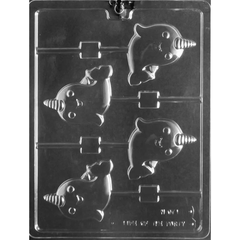 Clear plastic chocolate lollipop mold with cartoon narwhal cavities featuring rounded bodies, small fins, smiling faces, and spiral tusks.