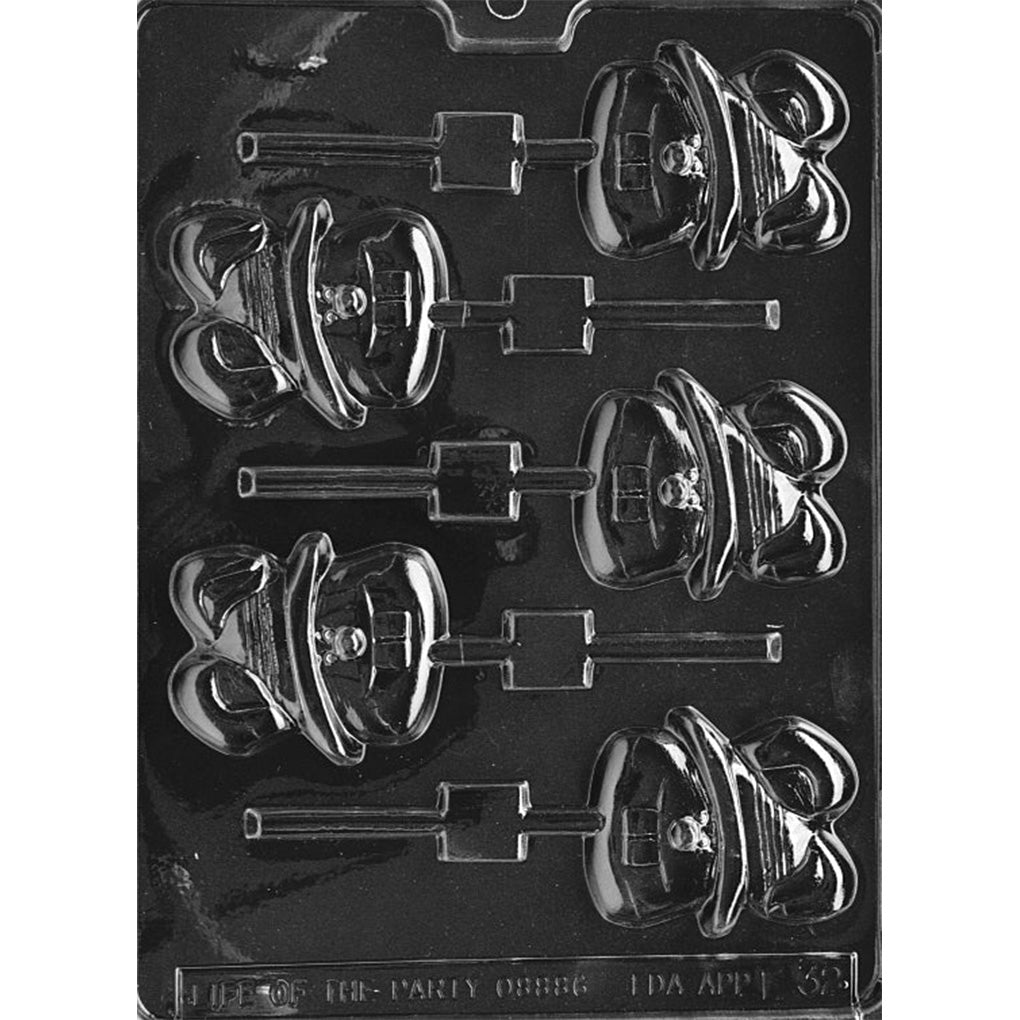 Plastic chocolate mold featuring five cartoon bunny head cavities with hats and bow ties, designed for chocolate lollipops. Each cavity includes a slot for lollipop sticks.