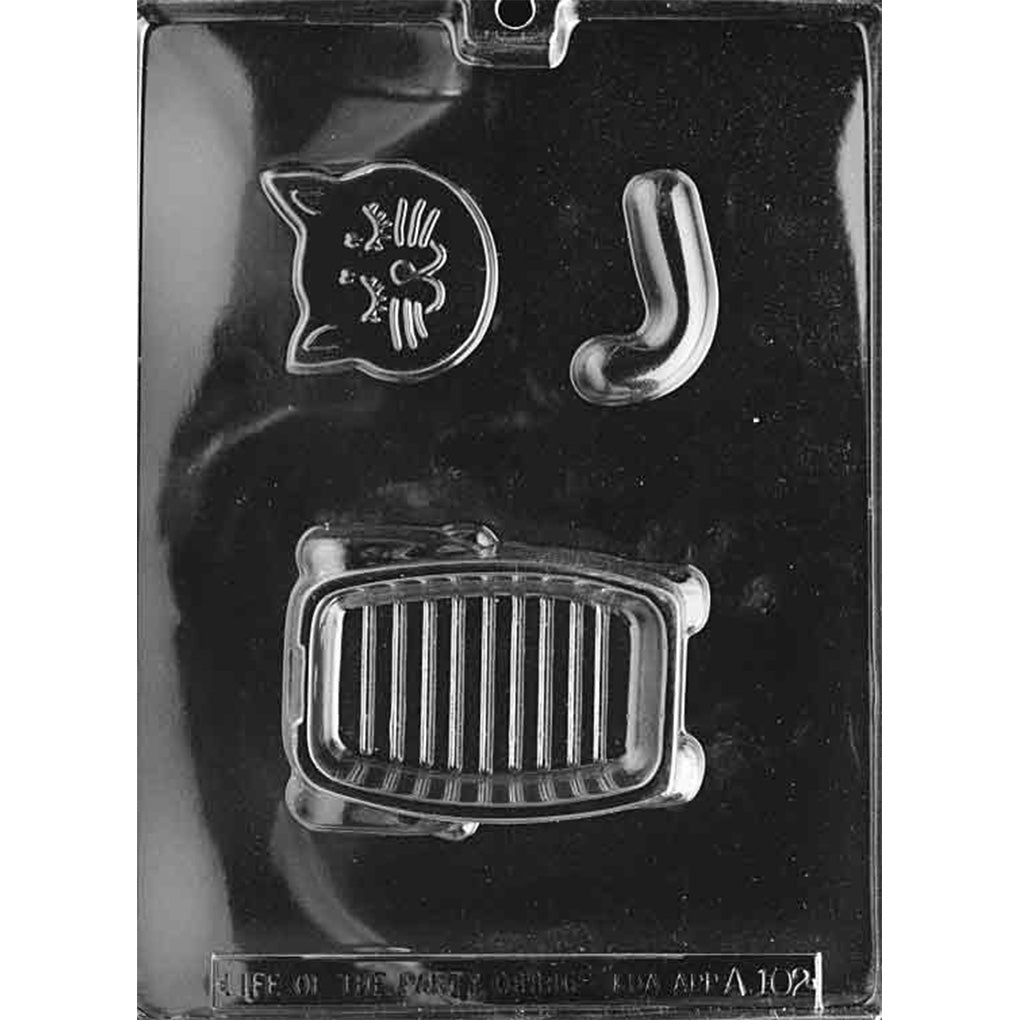 Three-piece cat pour box chocolate mold with detailed cat face, curved tail, and ribbed body for a finished 3 x 4 x 1-inch container