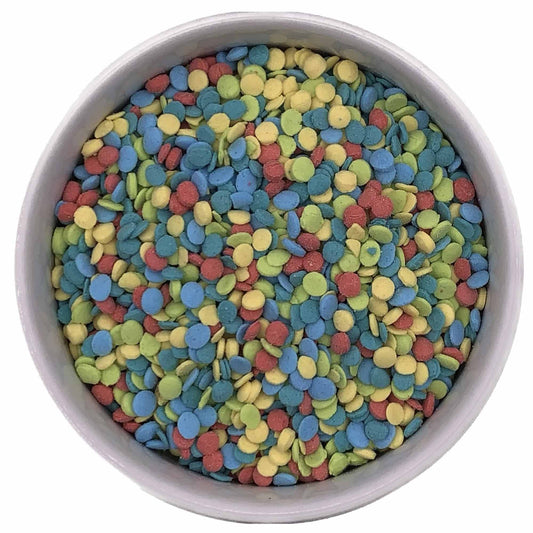 Celebration Sequin Sprinkle Mix in a bowl featuring red, blue, yellow, teal, and green quins; 4 oz container of colorful flat round sprinkles.