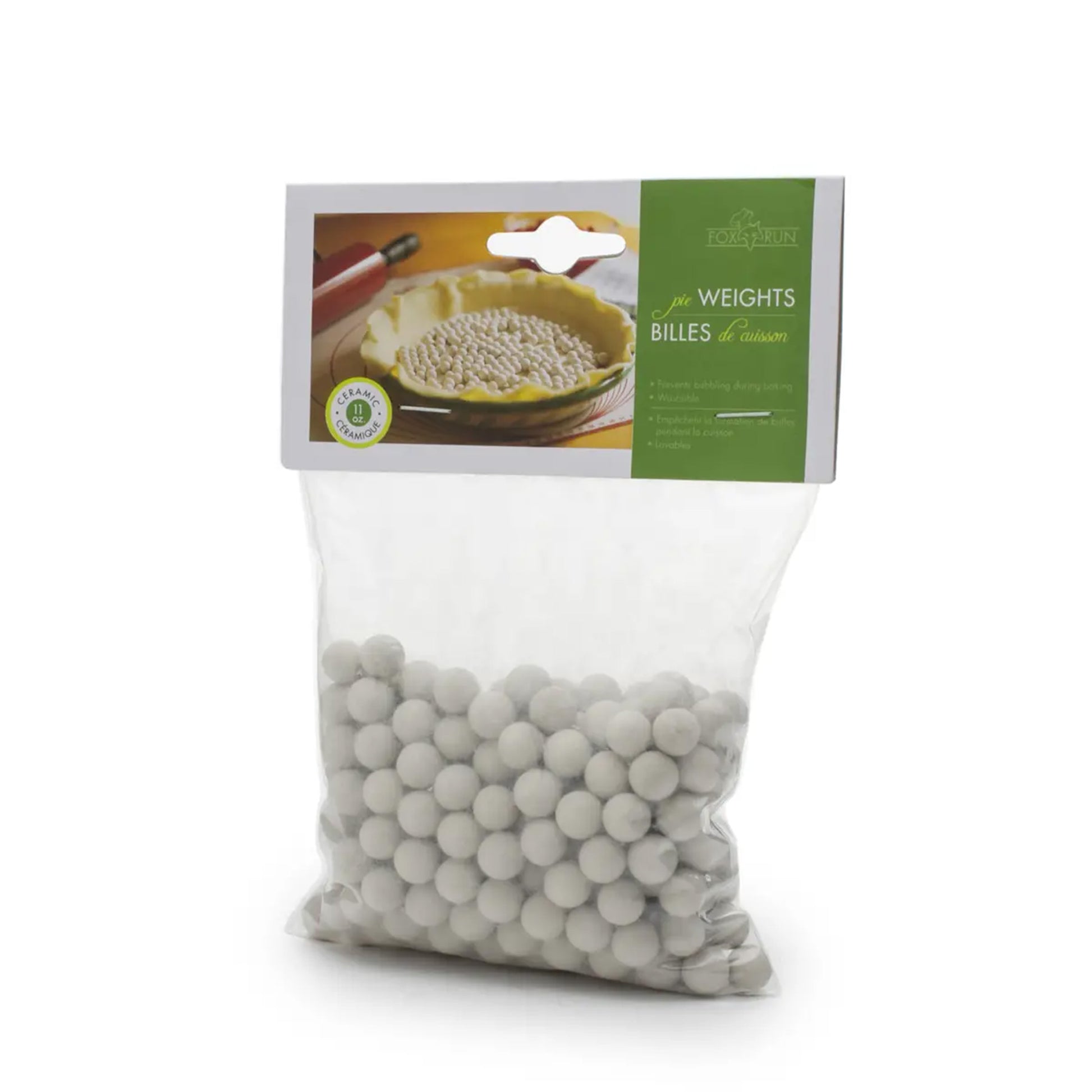 Bag of ceramic pie weights in retail packaging, labeled for use in blind baking.