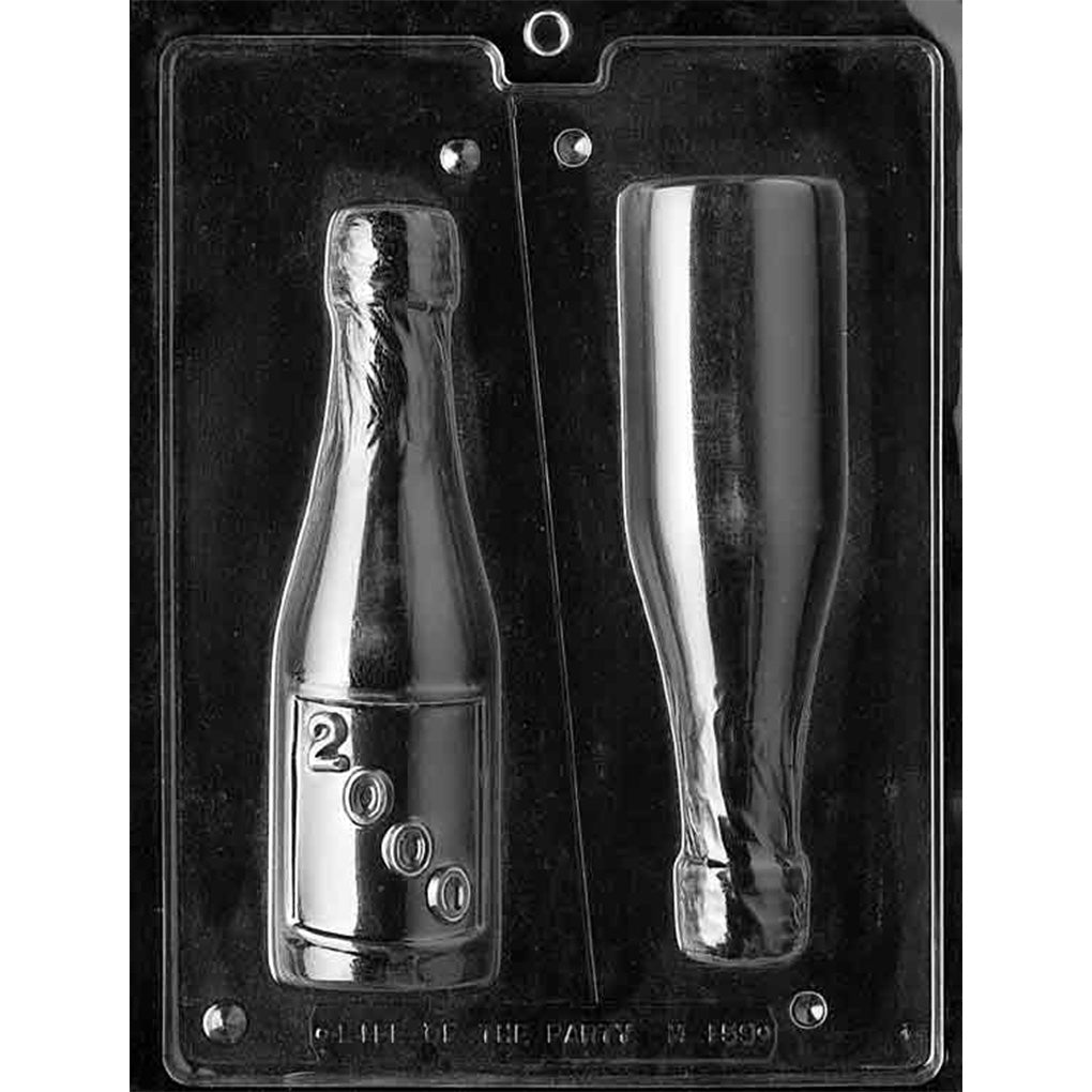 Clear two-piece Champagne Bottle 3D Chocolate Mold photographed against a black background, showing detailed front and back bottle cavities with cork and label accents.