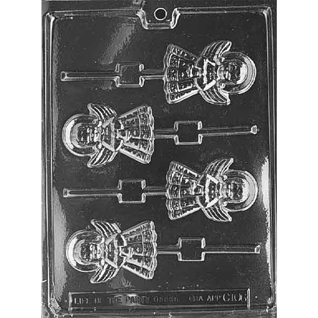 Clear plastic cherub angel holding bell chocolate lollipop mold on dark background, showing four angels with halos, open wings, and detailed dresses for Christmas candy making.