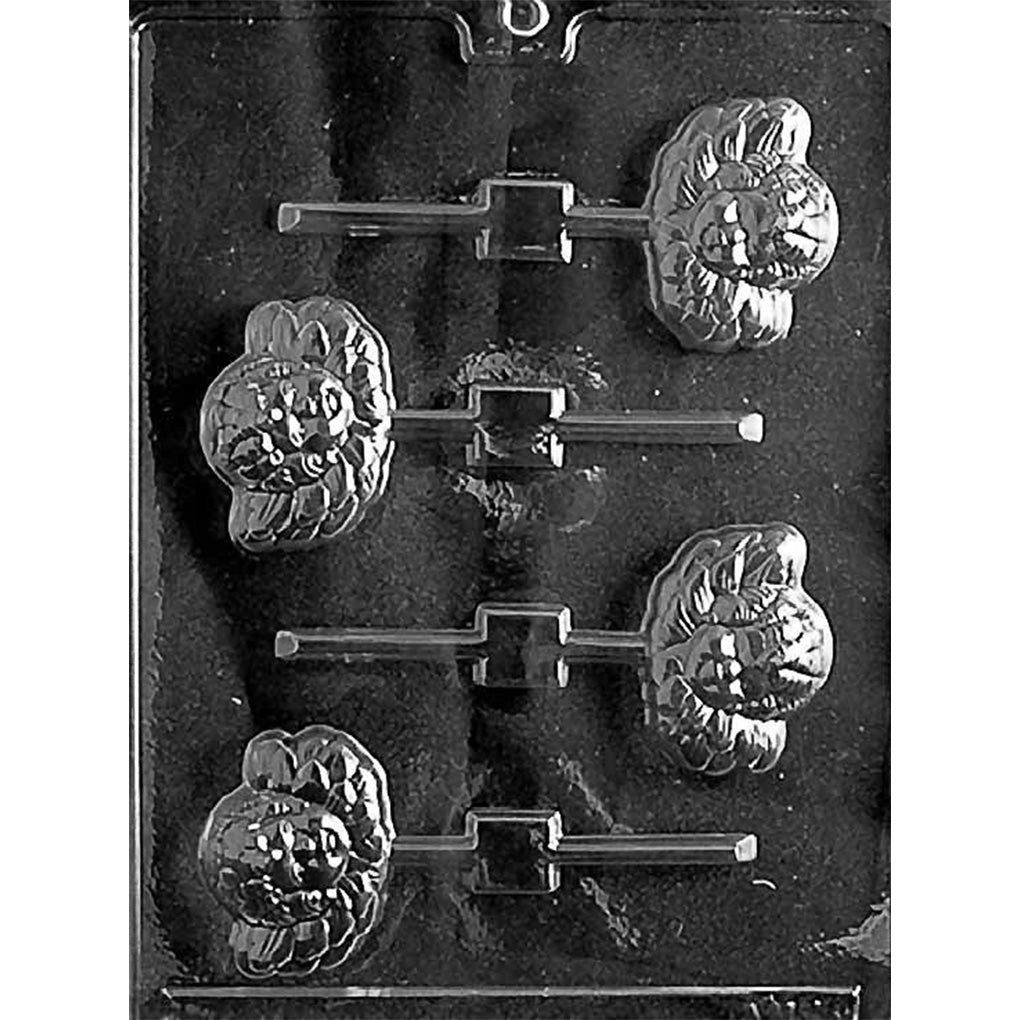 Clear plastic chocolate lollipop mold with four cherub-shaped cavities showing a cherub face framed by textured wings, each with an attached stick channel.