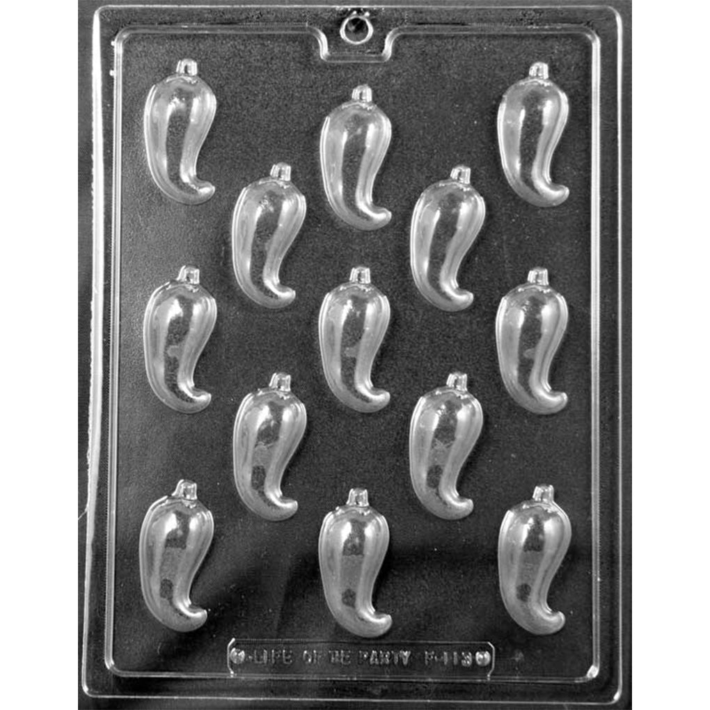 Clear chocolate mold with 12 small chili pepper-shaped cavities featuring curved pepper bodies and short stems, arranged in rows.
